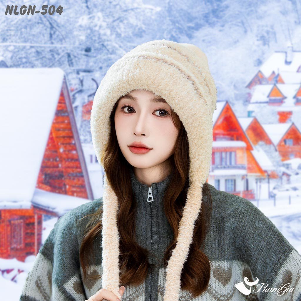 Nón Len Phối Lông Xù Giữ Nhiệt Chuyên Dụng 2 Lớp Phối Viền Cao Cấp Màu Kem (NLGN504)