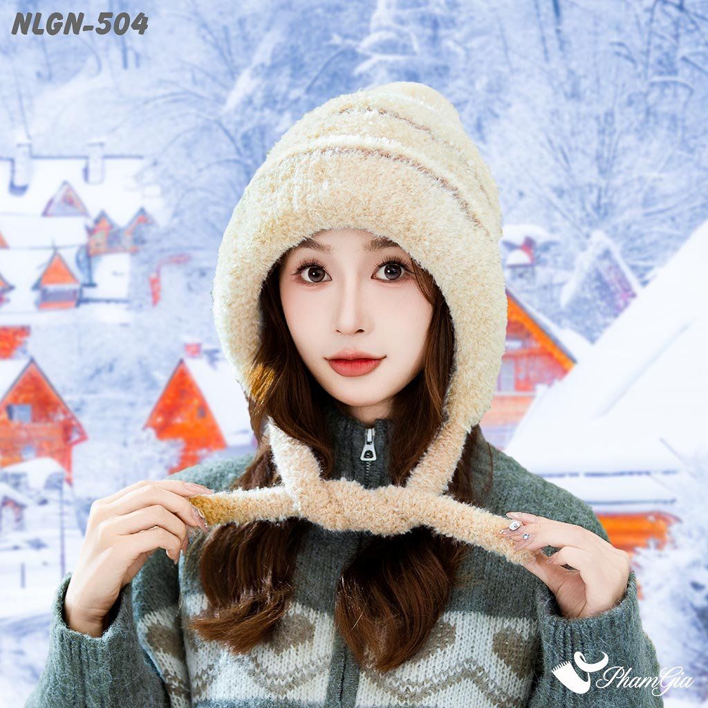 Nón Len Phối Lông Xù Giữ Nhiệt Chuyên Dụng 2 Lớp Phối Viền Cao Cấp Màu Kem (NLGN504)