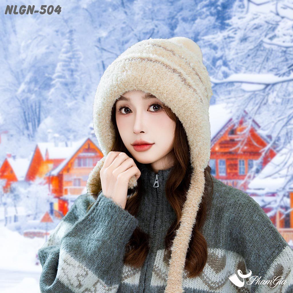 Nón Len Phối Lông Xù Giữ Nhiệt Chuyên Dụng 2 Lớp Phối Viền Cao Cấp Màu Kem (NLGN504)