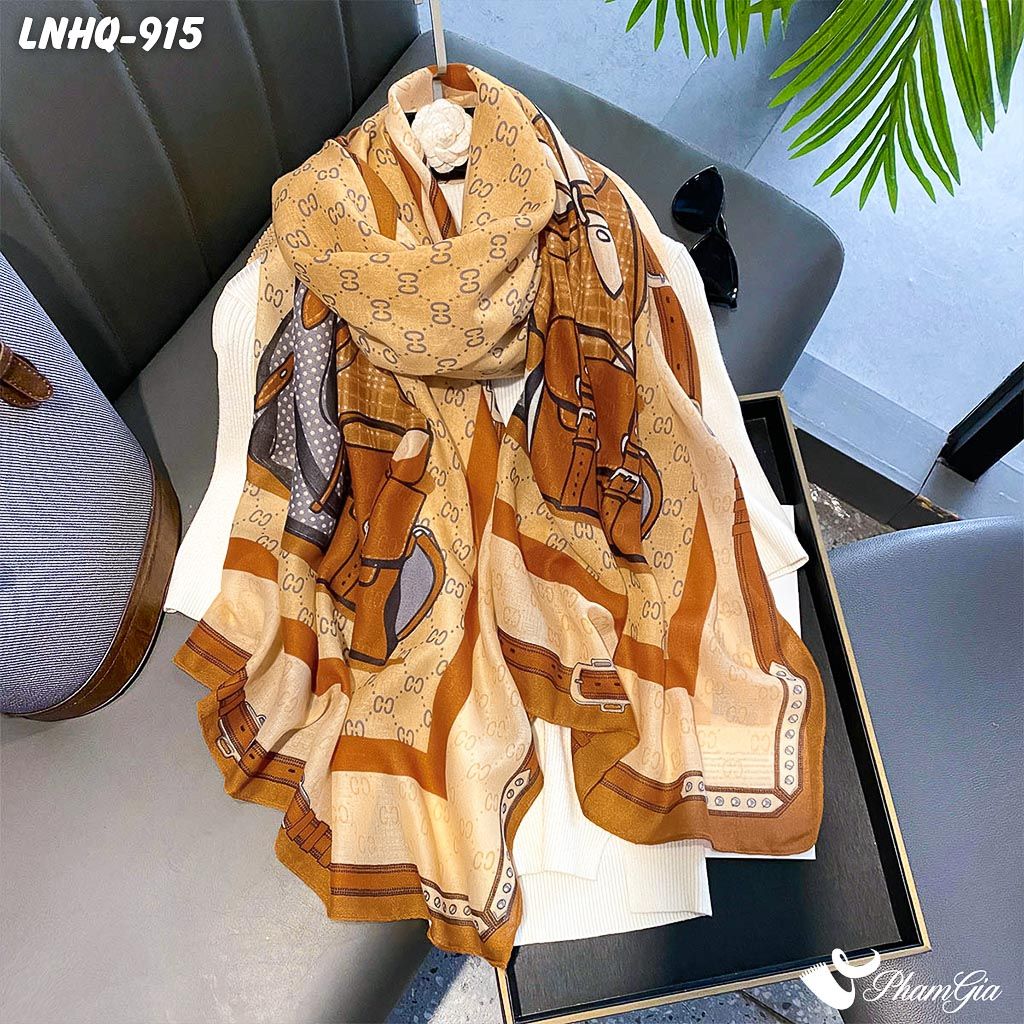 Khăn Choàng Linen Phong Cách Hàn Quốc Hoạ Tiết Túi Xách Retro Phối Viền Nâu Hiện Đại (LNHQ915)