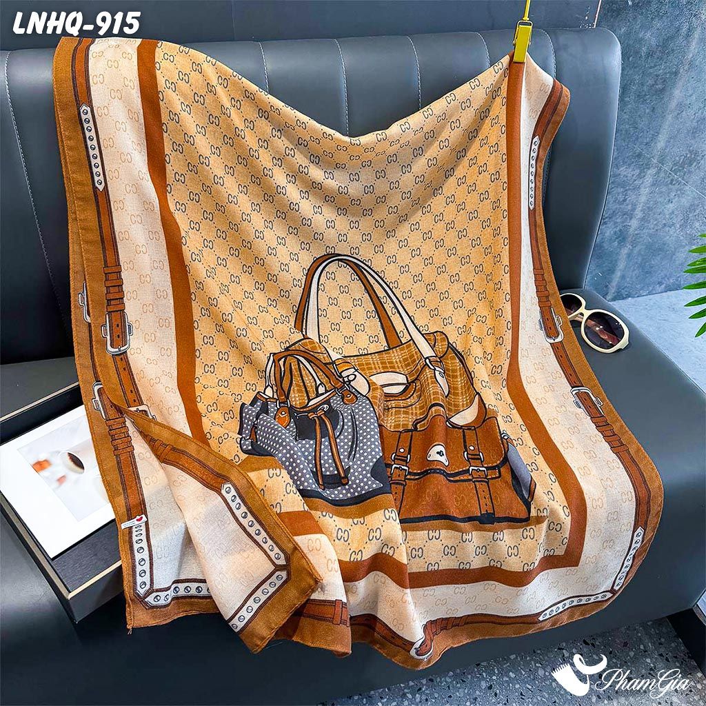 Khăn Choàng Linen Phong Cách Hàn Quốc Hoạ Tiết Túi Xách Retro Phối Viền Nâu Hiện Đại (LNHQ915)