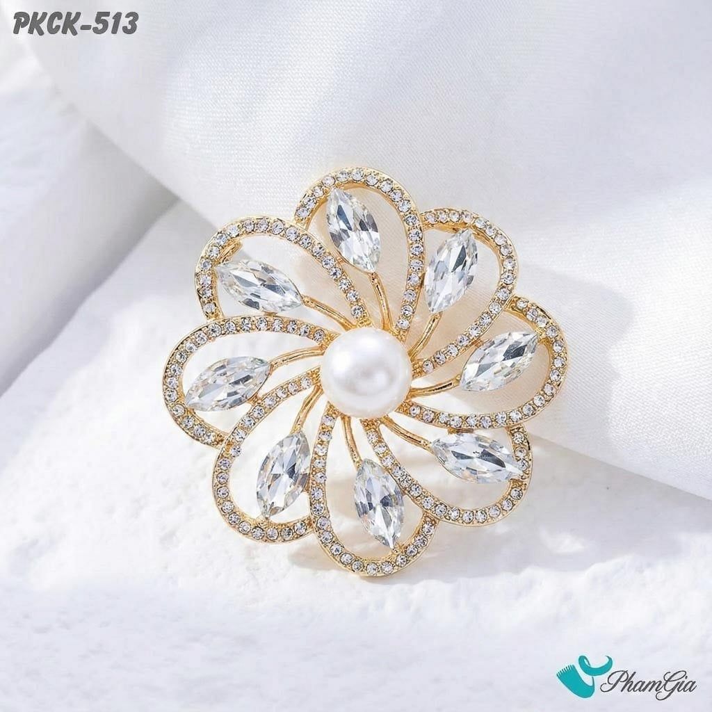 Phụ Kiện Cài Khăn, Cài Áo Đa Năng Họa Tiết Họa Tiết Hoa Xoắn Ốc Đính Đá Trắng (PKCK513)