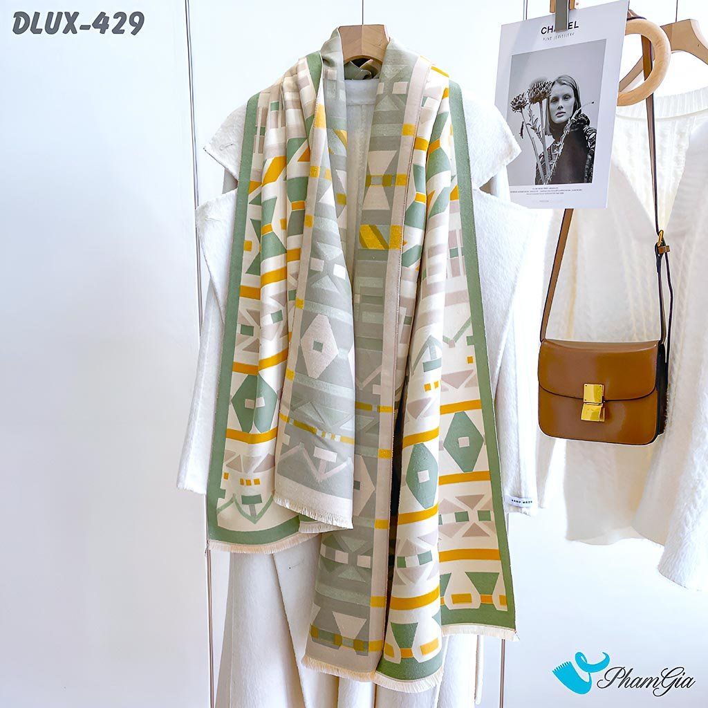 Khăn Choàng Dạ Cashmere Cao Cấp Họa Tiết Hình Học Hiện Đại Màu Xanh Bơ Viền Vàng Thanh Lịch