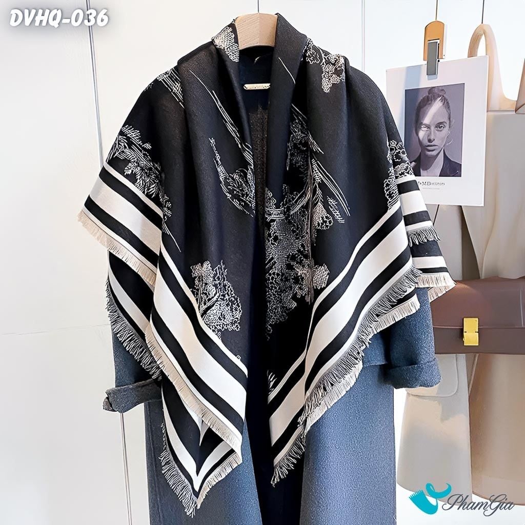 Khăn Choàng Dạ Cashmere Vuông Phong Cách Hàn Quốc Cao Cấp Họa Tiết Cây Cổ Thụ Màu Đen Trắng