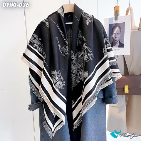 Khăn Choàng Dạ Cashmere Vuông Phong Cách Hàn Quốc Cao Cấp Họa Tiết Cây Cổ Thụ Màu Đen Trắng