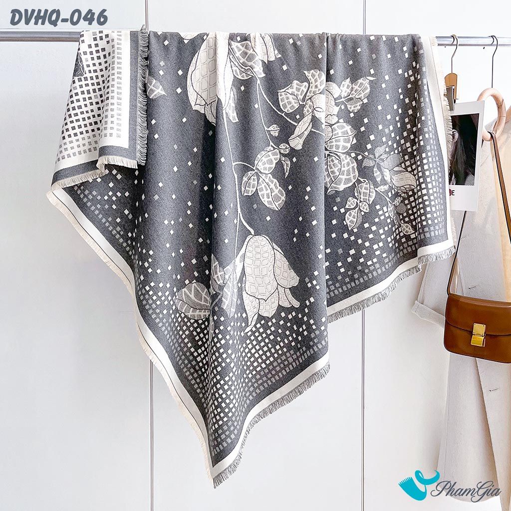 Họa Tiết Khăn Choàng Dạ Cashmere Vuông Phong Cách Hàn Quốc Cao Cấp Họa Tiết Hoa Hồng Màu Xám Ghi