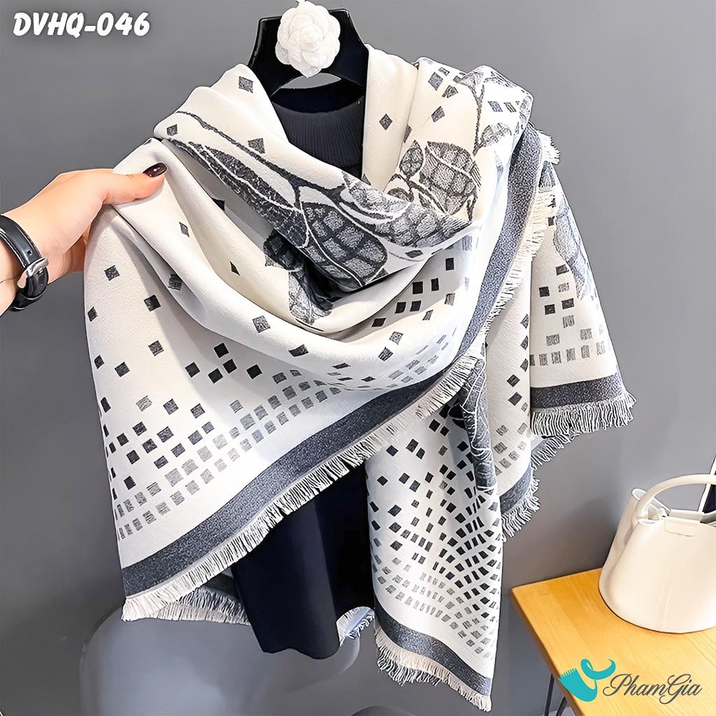 Góc Nghiêng Khăn Choàng Dạ Cashmere Vuông Phong Cách Hàn Quốc Cao Cấp Họa Tiết Hoa Hồng Màu Xám Ghi