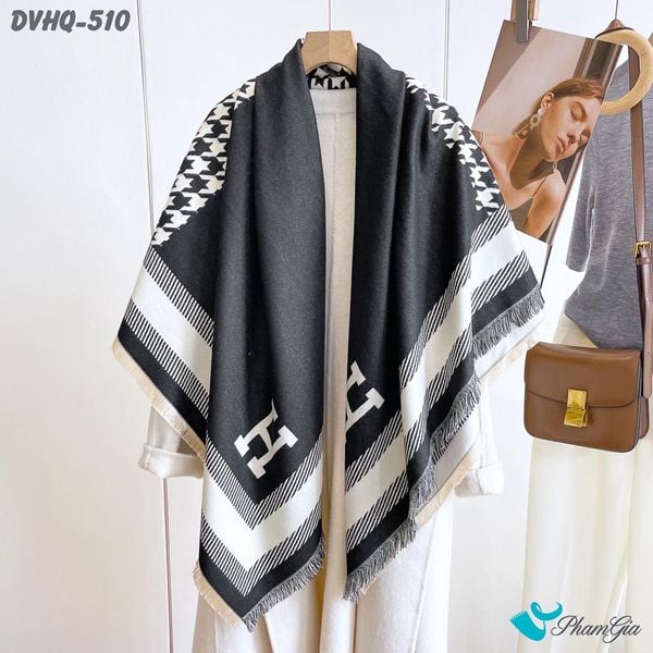 Khăn Choàng Dạ Cashmere Vuông Phong Cách Hàn Quốc Phiên Bản Mới Họa Tiết Nanh Sói Trắng Đen (DVHQ510)