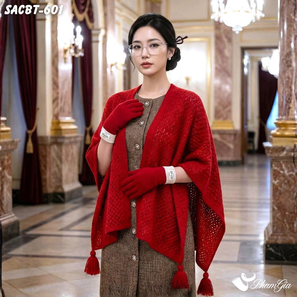 Set Giữ Ấm Đặc Biệt Mùa Đông Gồm Áo Choàng Và Găng Tay Cao Cấp Màu Đỏ (SACBT601)