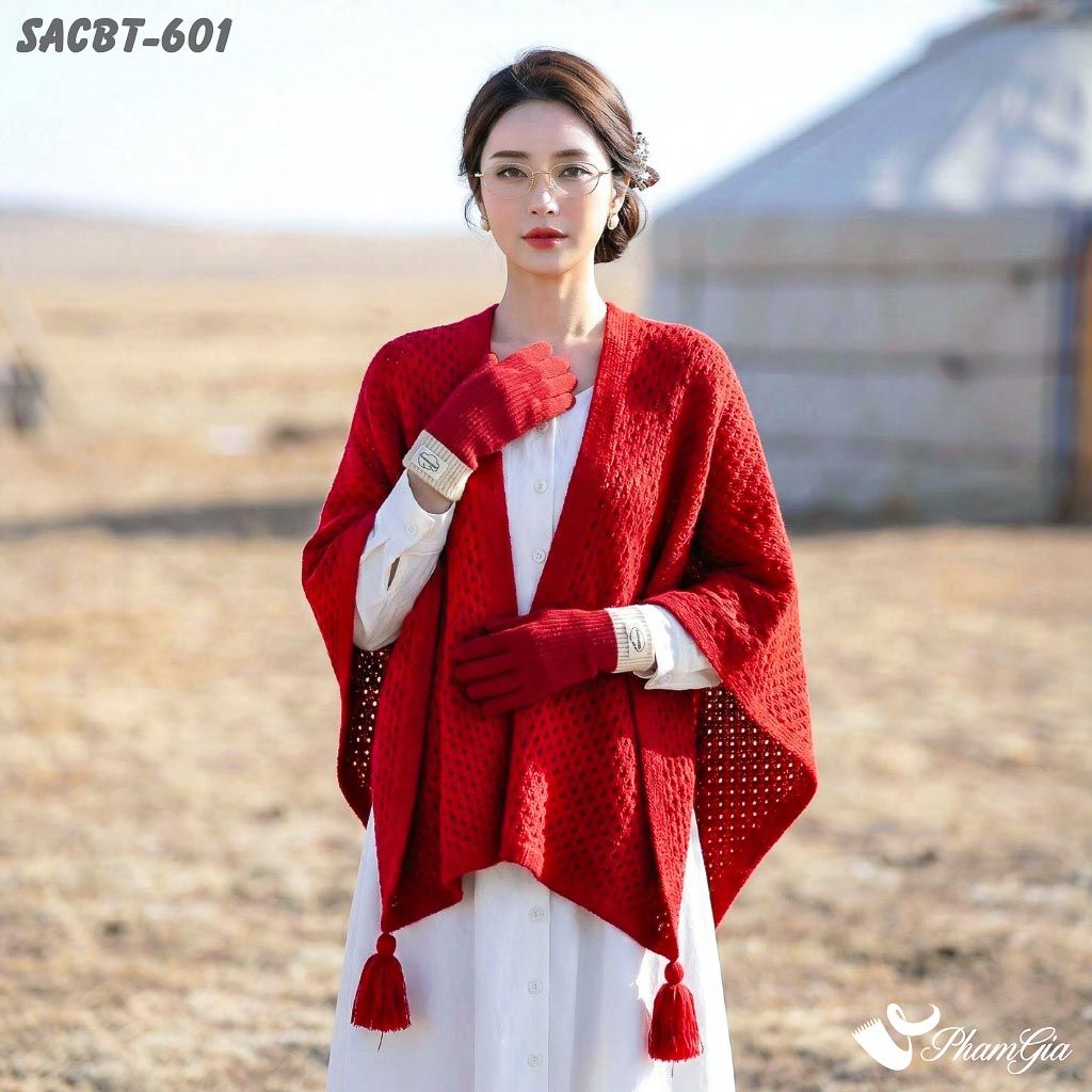 Set Giữ Ấm Đặc Biệt Mùa Đông Gồm Áo Choàng Và Găng Tay Cao Cấp Màu Đỏ (SACBT601)