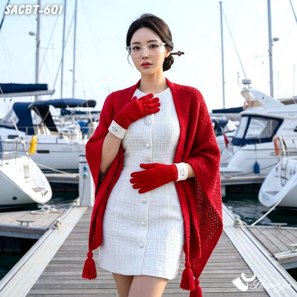 Set Giữ Ấm Đặc Biệt Mùa Đông Gồm Áo Choàng Và Găng Tay Cao Cấp Màu Đỏ (SACBT601)