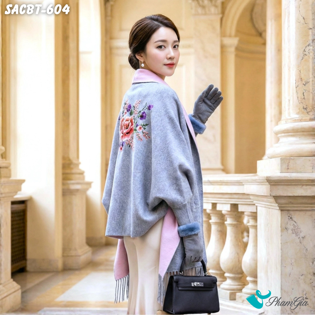 Set Giữ Ấm Đặc Biệt Mùa Đông Gồm Áo Choàng Và Găng Tay Cao Cấp Màu Xám (SACBT604)