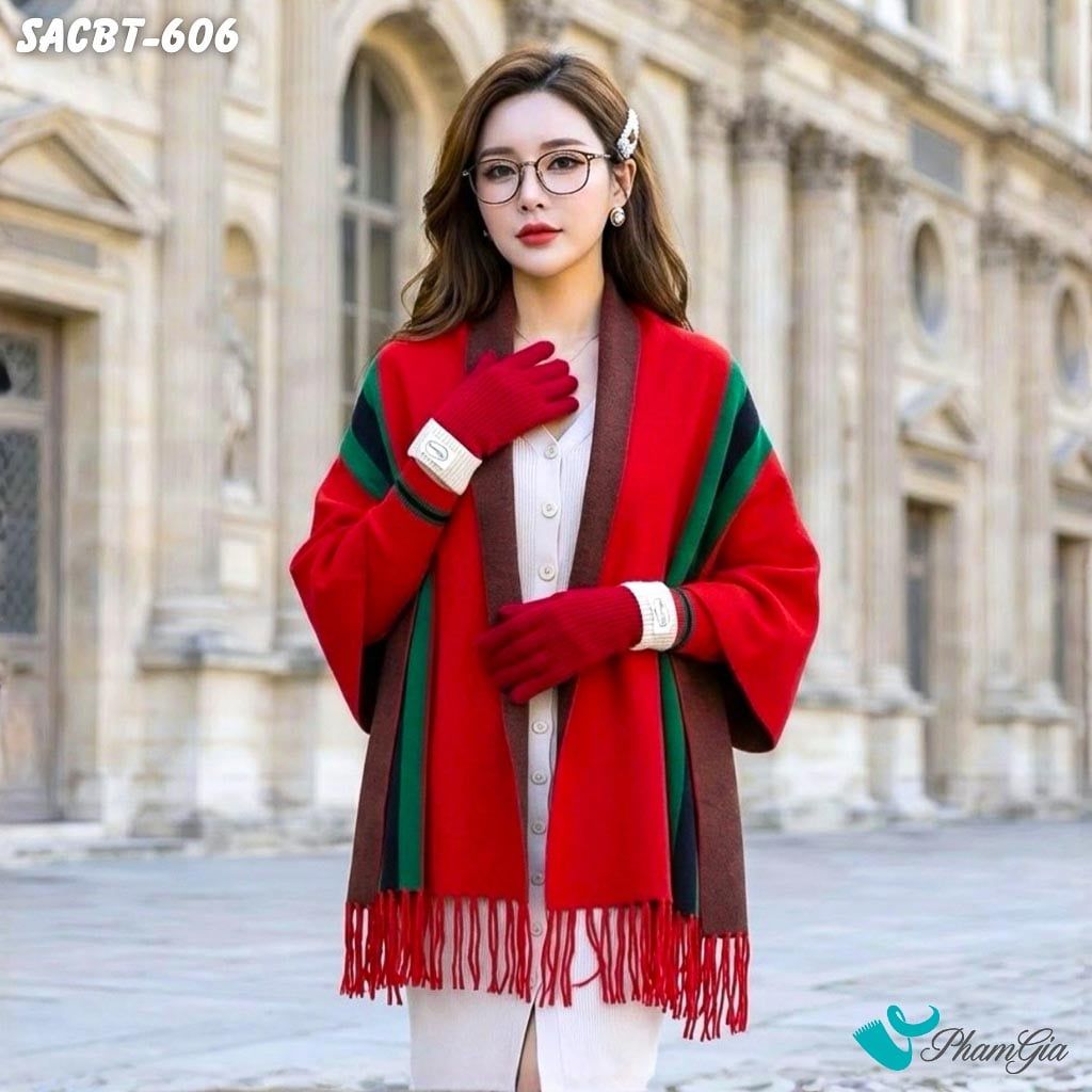 Set Giữ Ấm Đặc Biệt Mùa Đông Gồm Áo Choàng Và Găng Tay Cao Cấp Màu Đỏ (SACBT606)