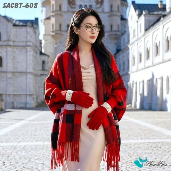 Set Giữ Ấm Đặc Biệt Mùa Đông Gồm Áo Choàng Và Găng Tay Cao Cấp Màu Đỏ (SACBT608)