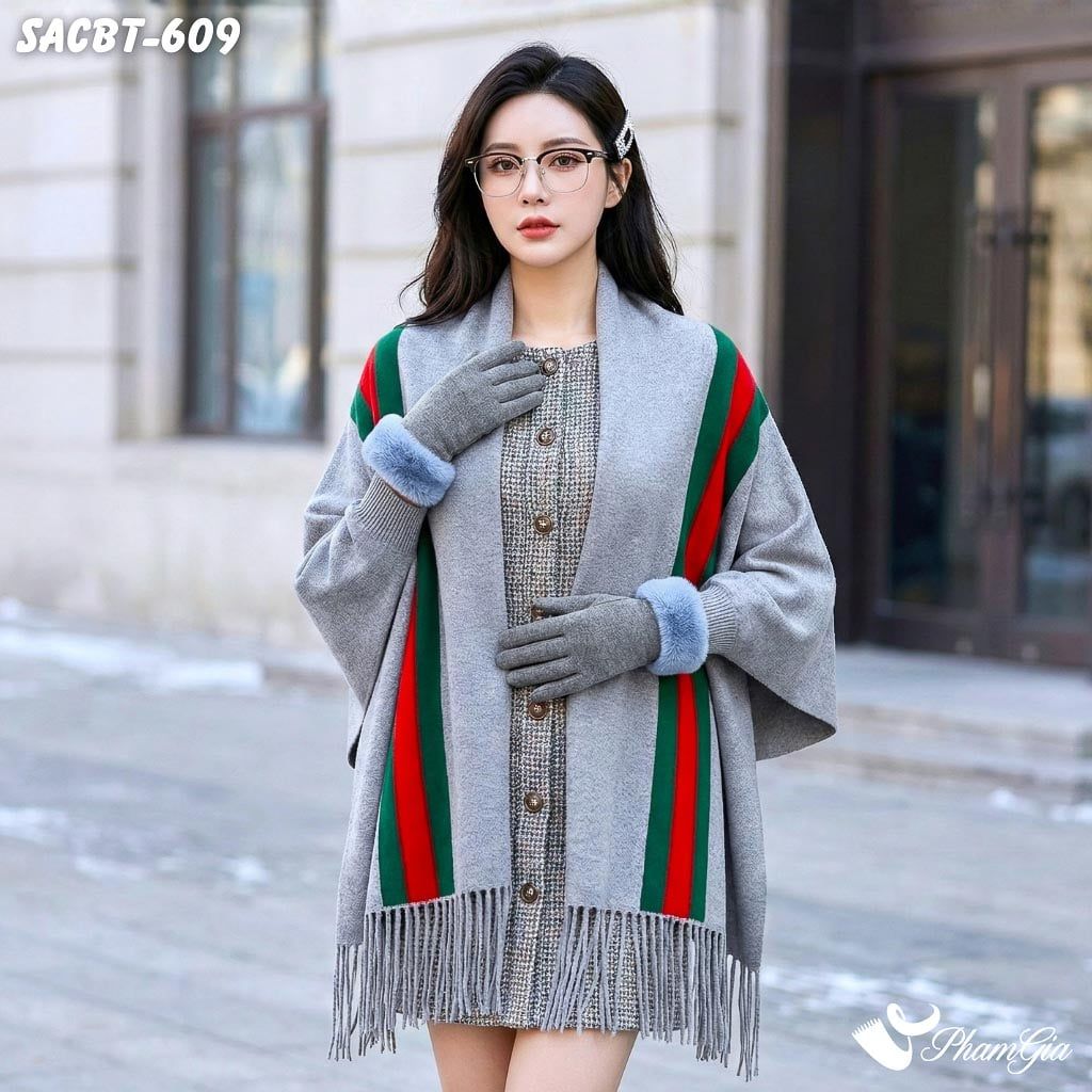 Set Giữ Ấm Đặc Biệt Mùa Đông Gồm Áo Choàng Và Găng Tay Cao Cấp Màu Xám (SACBT609)