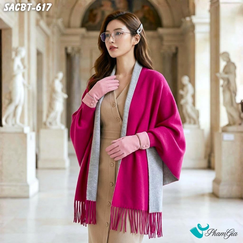 Set Giữ Ấm Đặc Biệt Mùa Đông Gồm Áo Choàng Và Găng Tay Cao Cấp Màu Hồng (SACBT617)