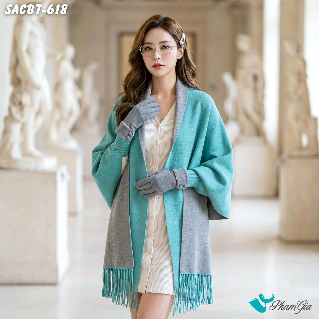 Set Giữ Ấm Đặc Biệt Mùa Đông Gồm Áo Choàng Và Găng Tay Cao Cấp Màu Xanh - Xám (SACBT618)