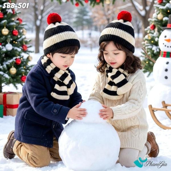 Set Khăn Nón Len Giữ Ấm Cao Cấp Cho Bé Phối Họa Tiết Kẻ Sọc Trắng Đen Dễ Thương (SBB501)