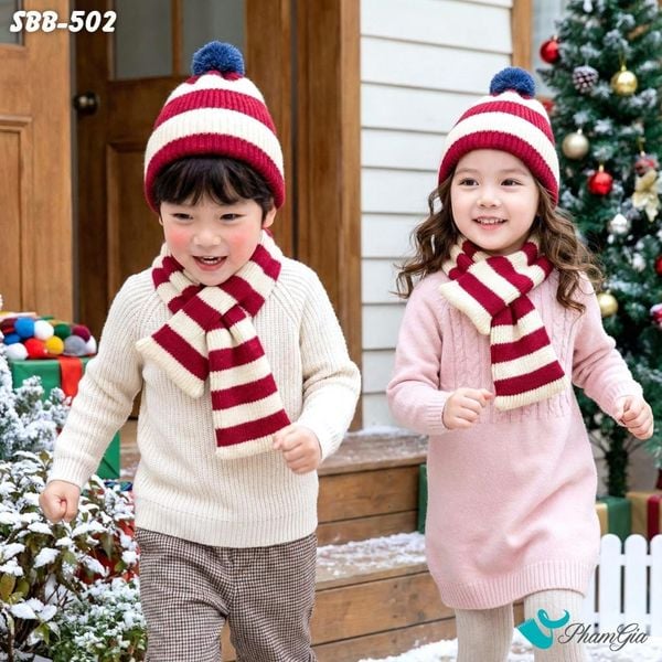 Set Khăn Nón Len Giữ Ấm Cao Cấp Cho Bé Phối Họa Tiết Kẻ Sọc Đỏ Trắng Dễ Thương (SBB502)