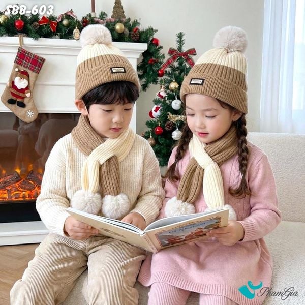 Set Khăn Nón Len Giữ Ấm Cao Cấp Cho Bé Phối Màu Trắng Kem - Nâu Sữa Dễ Thương (SBB603)