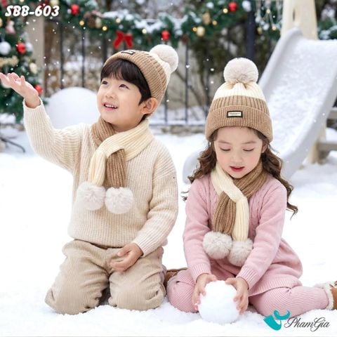 Set Khăn Nón Len Giữ Ấm Cao Cấp Cho Bé Phối Màu Trắng Kem - Nâu Sữa Dễ Thương (SBB603)