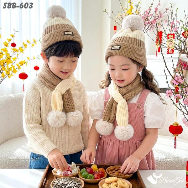 Set Khăn Nón Len Giữ Ấm Cao Cấp Cho Bé Phối Màu Trắng Kem - Nâu Sữa Dễ Thương (SBB603)