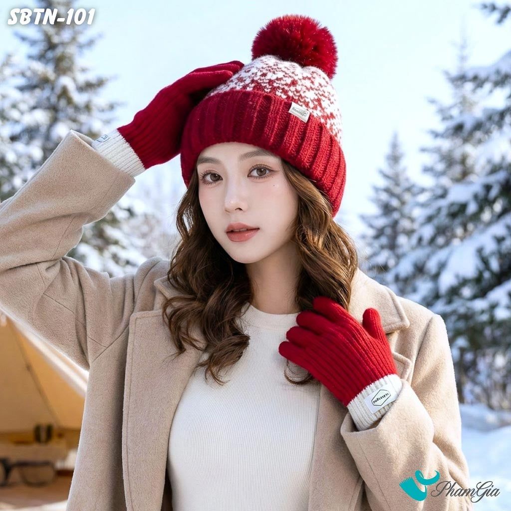 Set Giữ Ấm Đặc Biệt Mùa Đông Gồm Nón Len Và Găng Tay Len Màu Đỏ (SBTN101)
