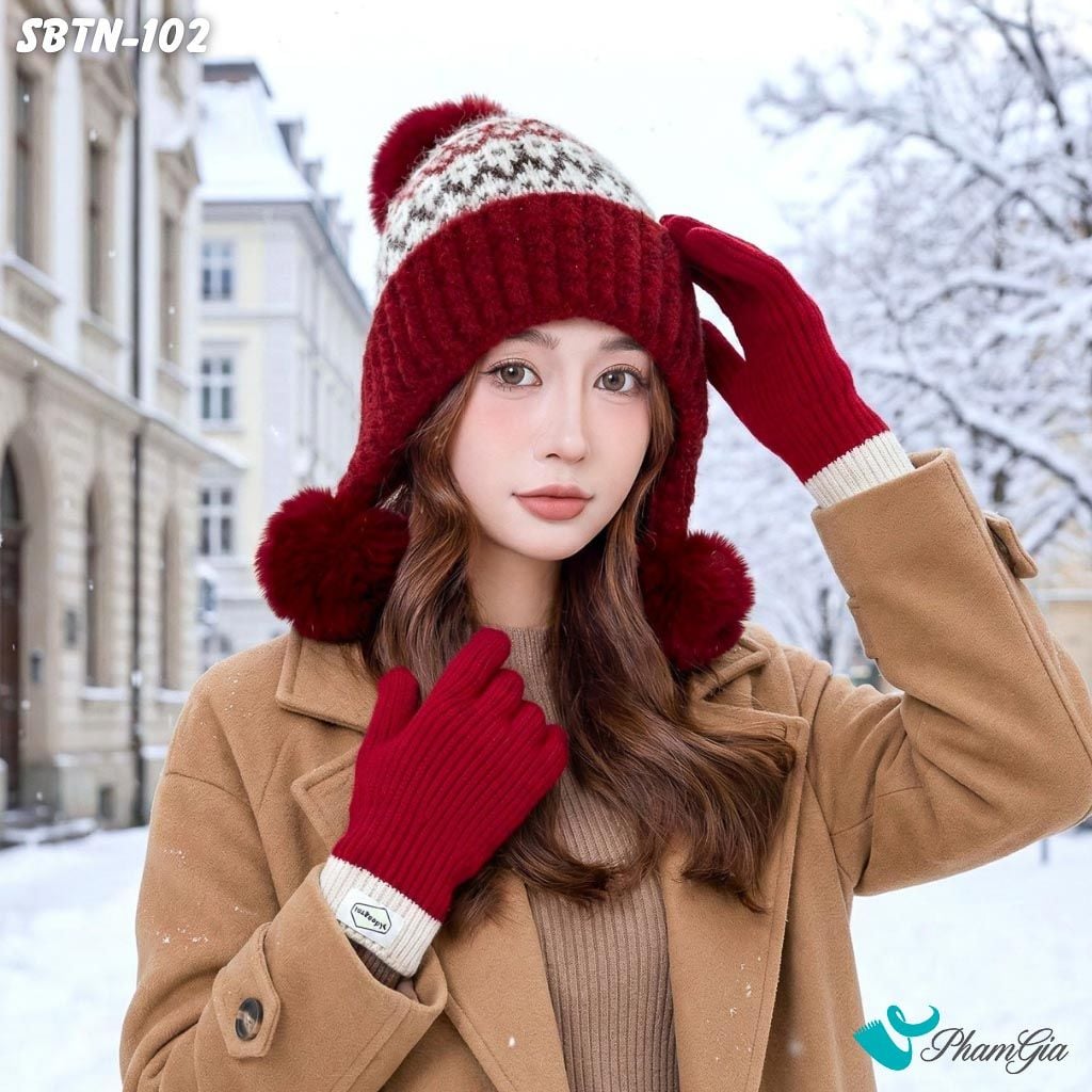Set Giữ Ấm Đặc Biệt Mùa Đông Gồm Nón Len Và Găng Tay Len Màu Đỏ (SBTN102)