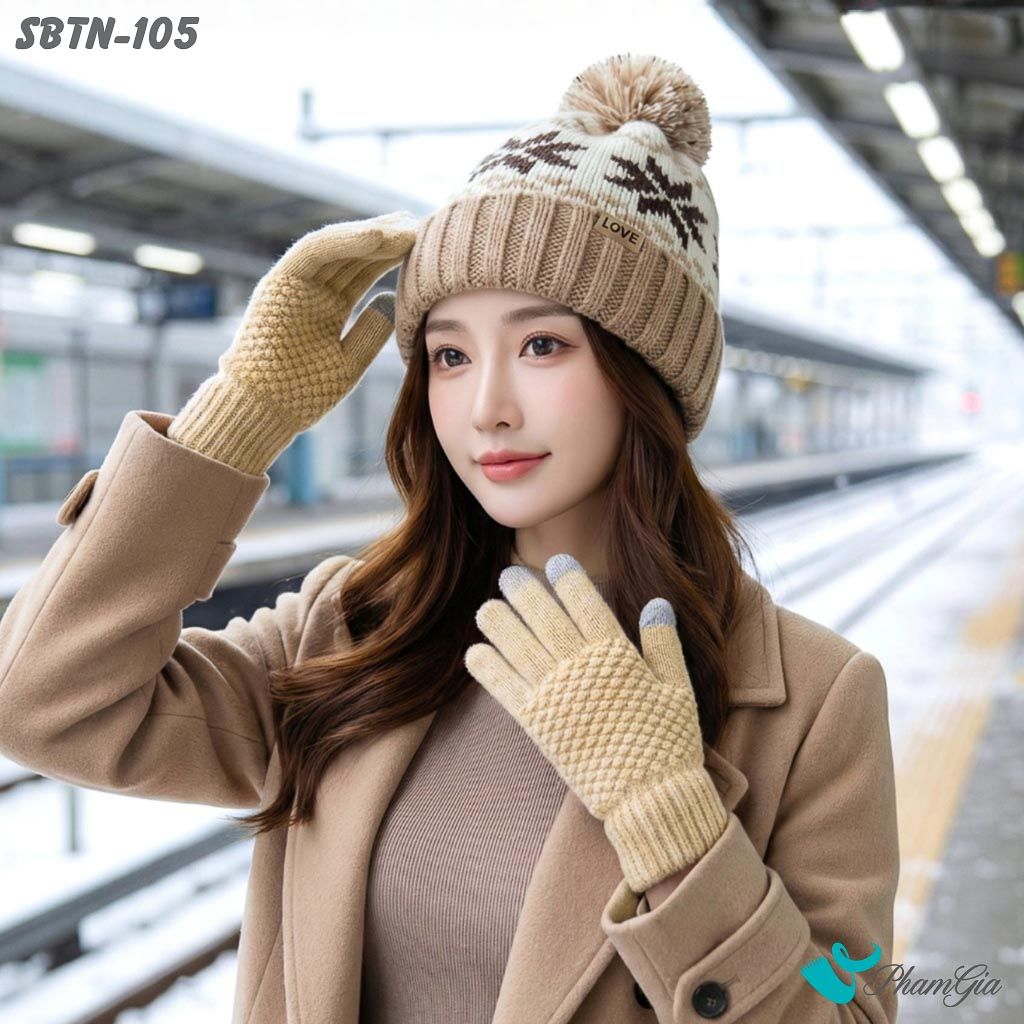 Set Giữ Ấm Đặc Biệt Mùa Đông Gồm Nón Len Và Găng Tay Len Màu Beige (SBTN105)