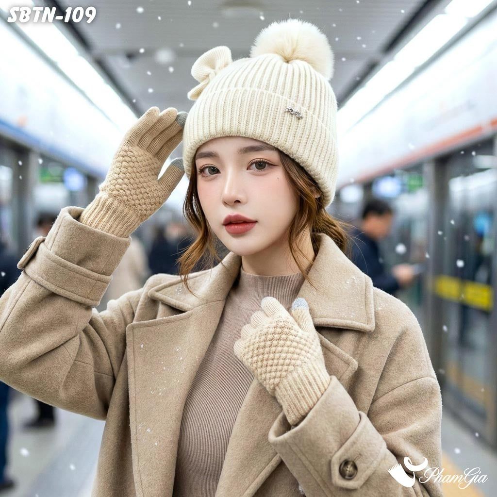 Set Giữ Ấm Đặc Biệt Mùa Đông Gồm Nón Len Và Găng Tay Len Màu Beige (SBTN109)
