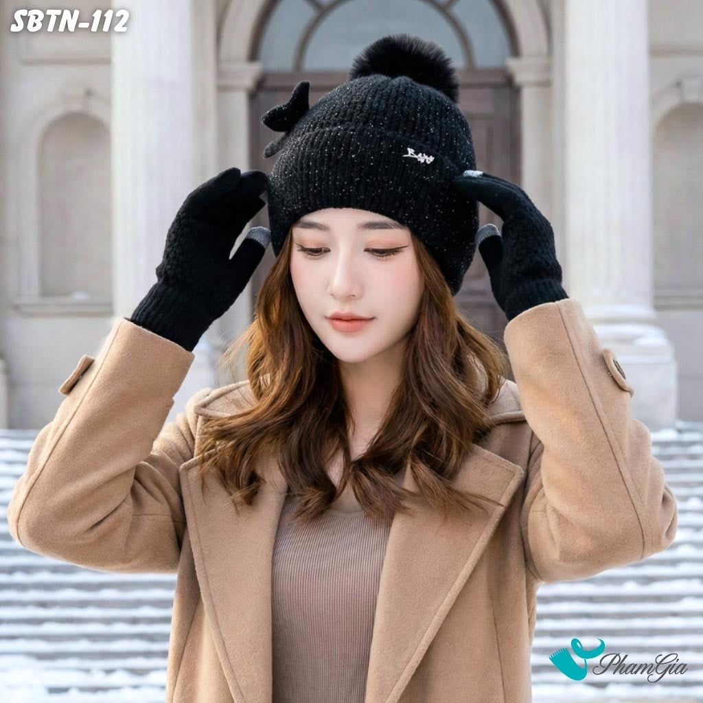 Set Giữ Ấm Đặc Biệt Mùa Đông Gồm Nón Len Và Găng Tay Len Màu Đen (SBTN112)