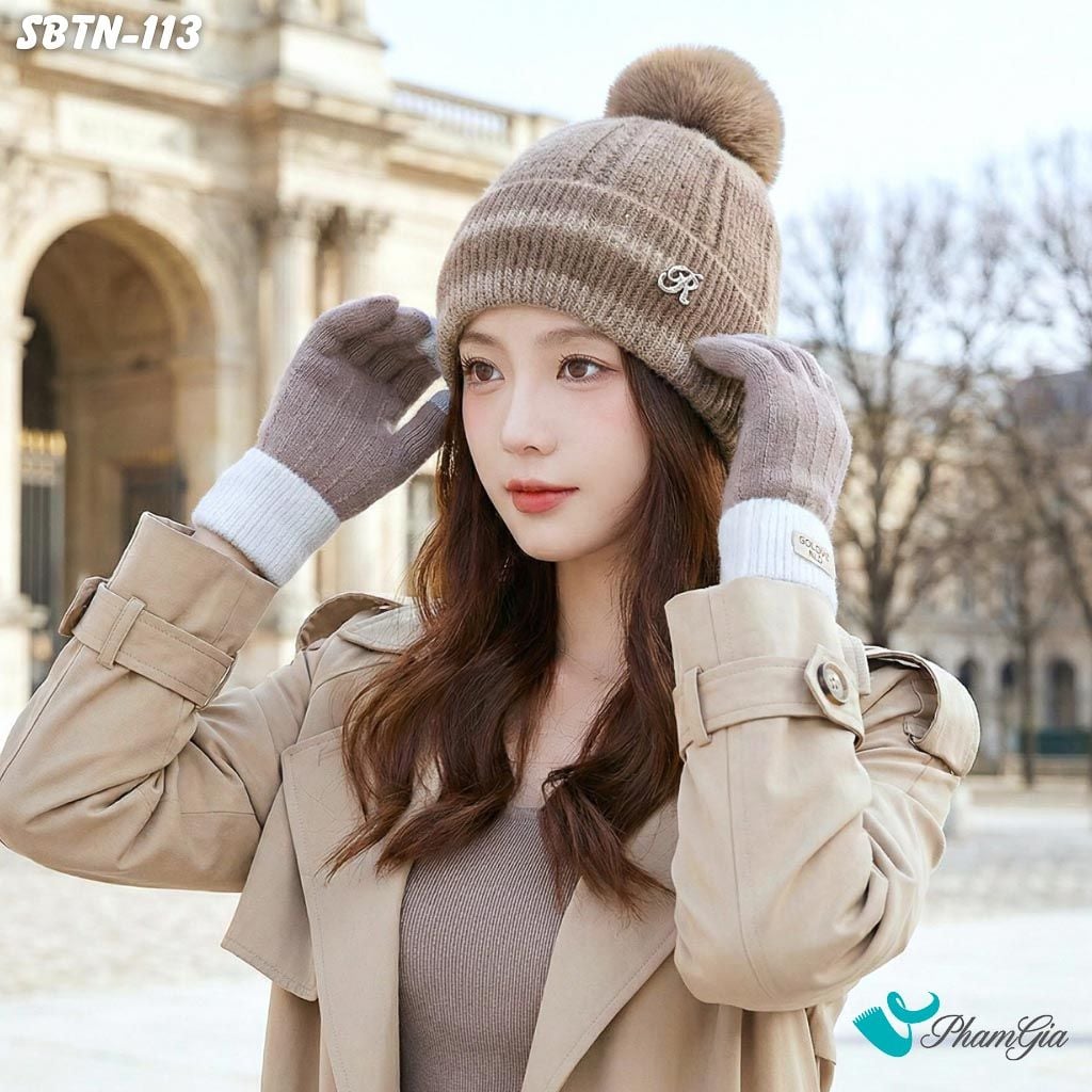 Set Giữ Ấm Đặc Biệt Mùa Đông Gồm Nón Len Và Găng Tay Len Màu Nâu Nhạt (SBTN113)
