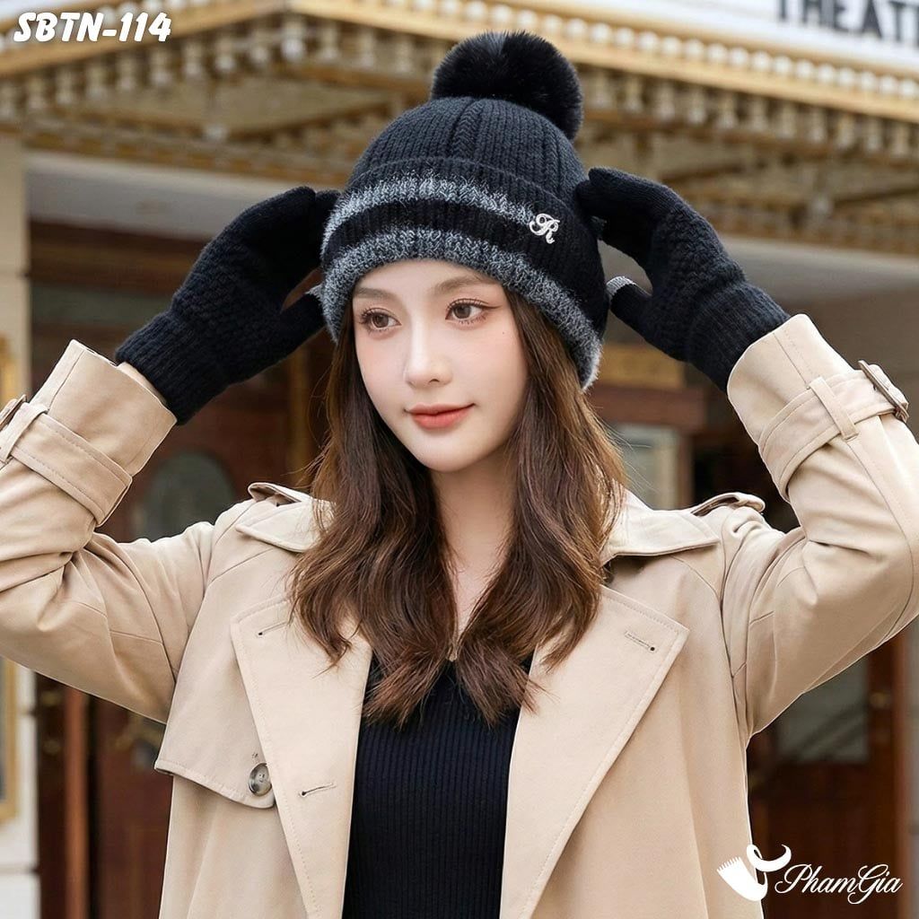 Set Giữ Ấm Đặc Biệt Mùa Đông Gồm Nón Len Và Găng Tay Len Màu Đen (SBTN114)