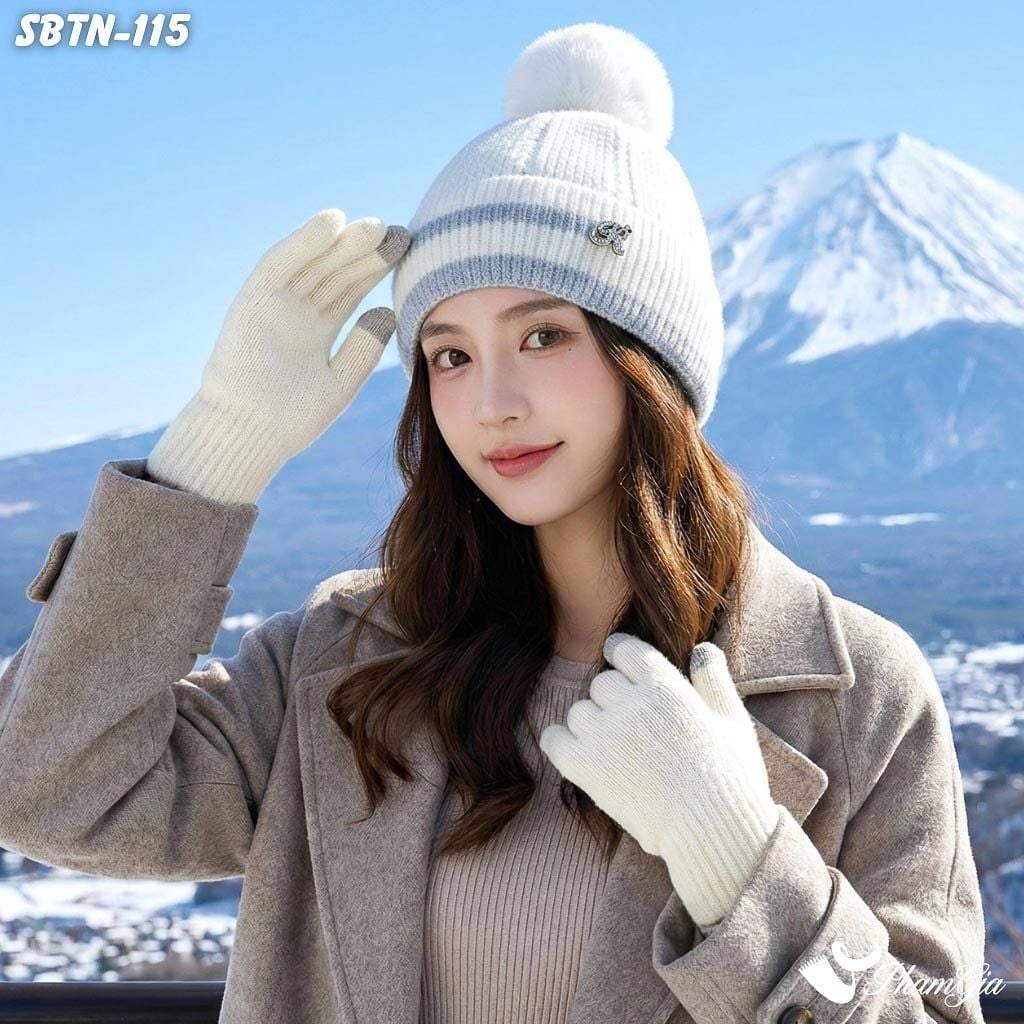 Set Giữ Ấm Đặc Biệt Mùa Đông Gồm Nón Len Và Găng Tay Len Màu Trắng (SBTN115)
