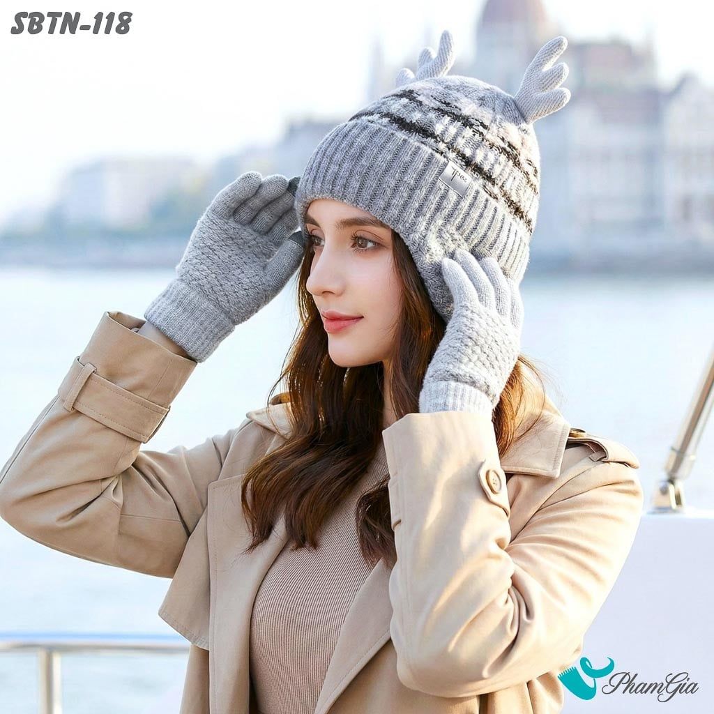 Set Giữ Ấm Đặc Biệt Mùa Đông Gồm Nón Len Và Găng Tay Len Màu Xám (SBTN118)