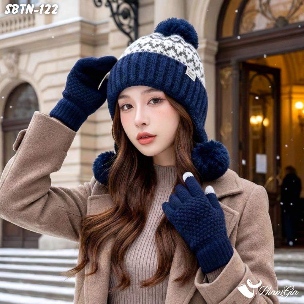 Set Giữ Ấm Đặc Biệt Mùa Đông Gồm Nón Len Và Găng Tay Len Màu Xanh Navy (SBTN122)