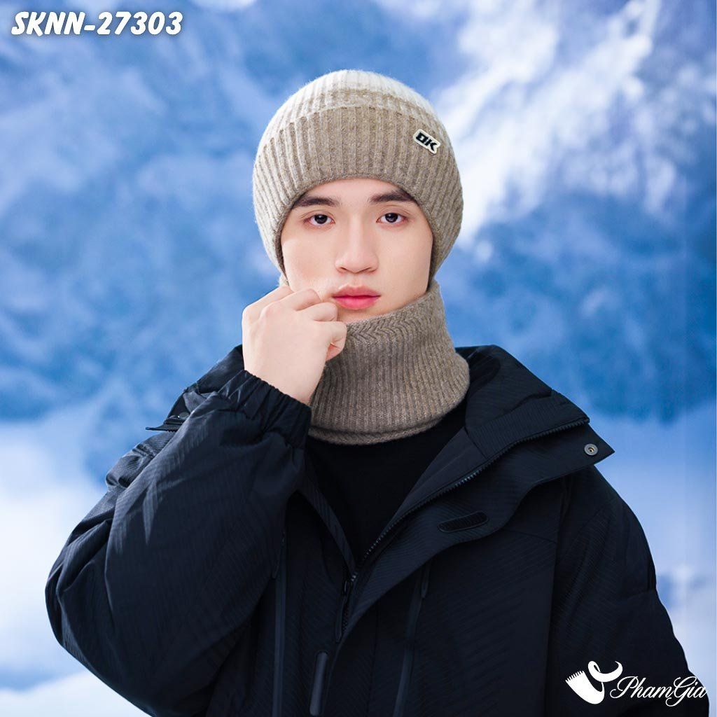 Set Khăn Nón Len Beanie Giữ Ấm Phối Màu Unisex Hiện Đại Màu Beige (SKNN27303)