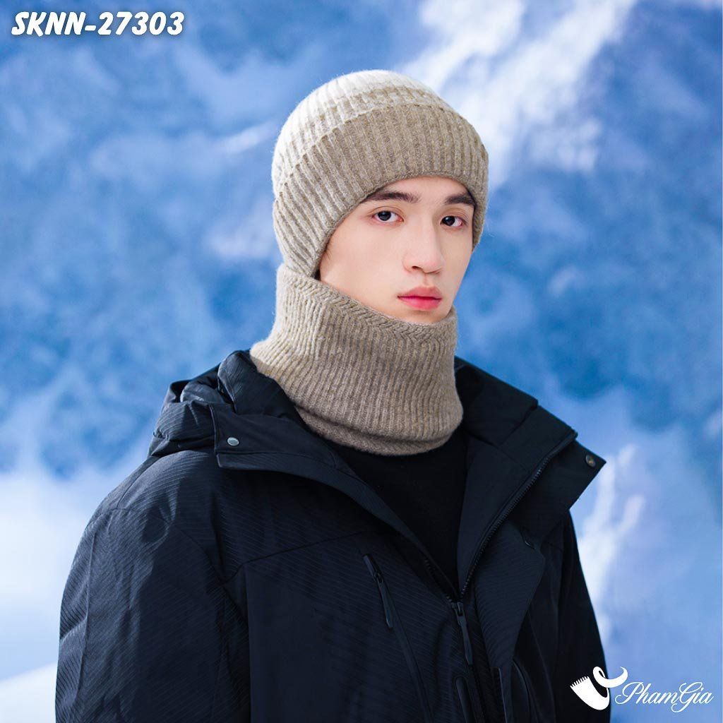 Set Khăn Nón Len Beanie Giữ Ấm Phối Màu Unisex Hiện Đại Màu Beige (SKNN27303)
