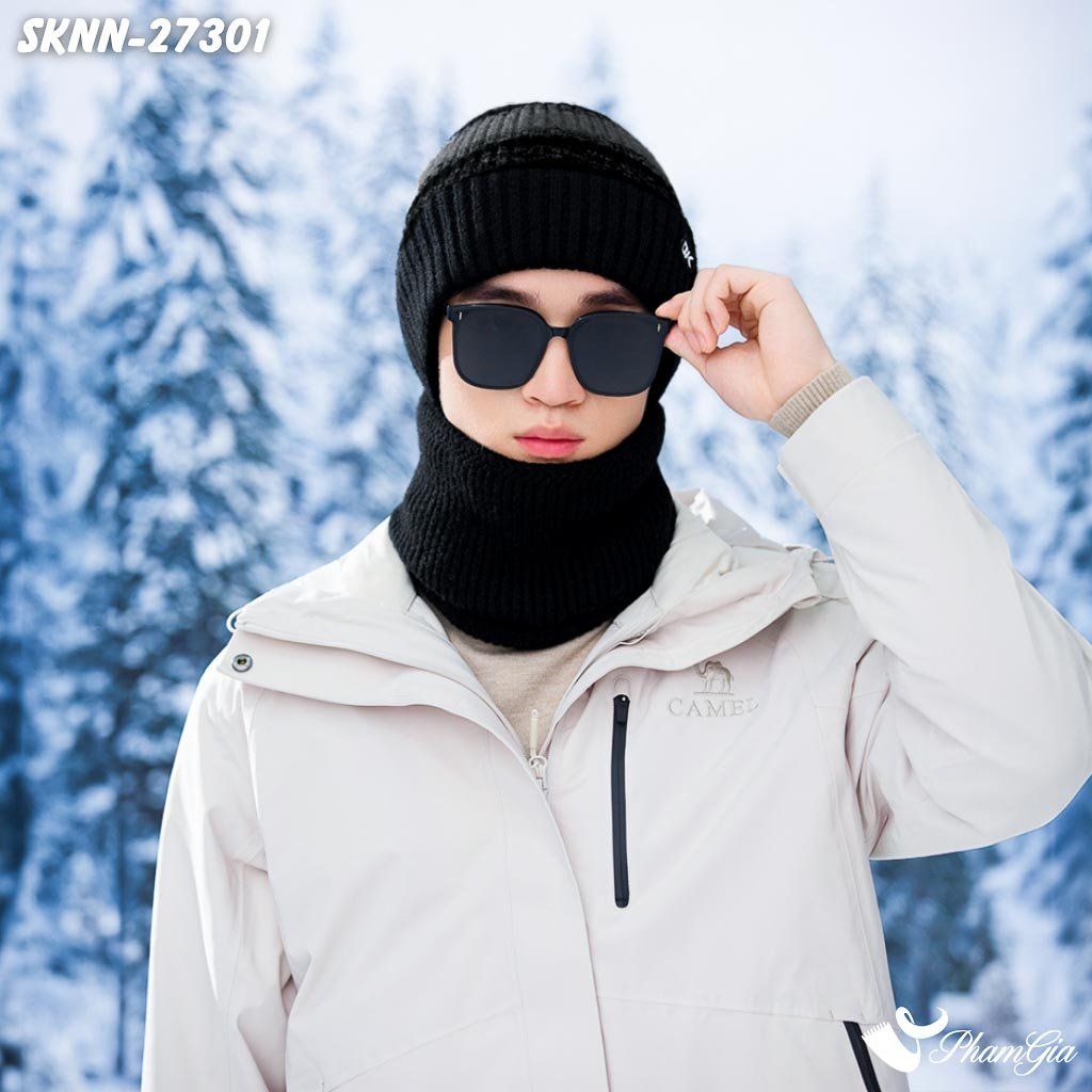 Set Khăn Nón Len Beanie Giữ Ấm Phối Màu Unisex Hiện Đại Màu Đen (SKNN27301)