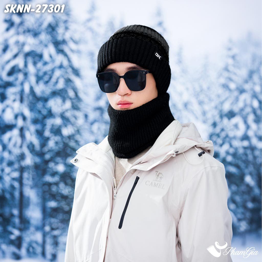 Set Khăn Nón Len Beanie Giữ Ấm Phối Màu Unisex Hiện Đại Màu Đen (SKNN27301)