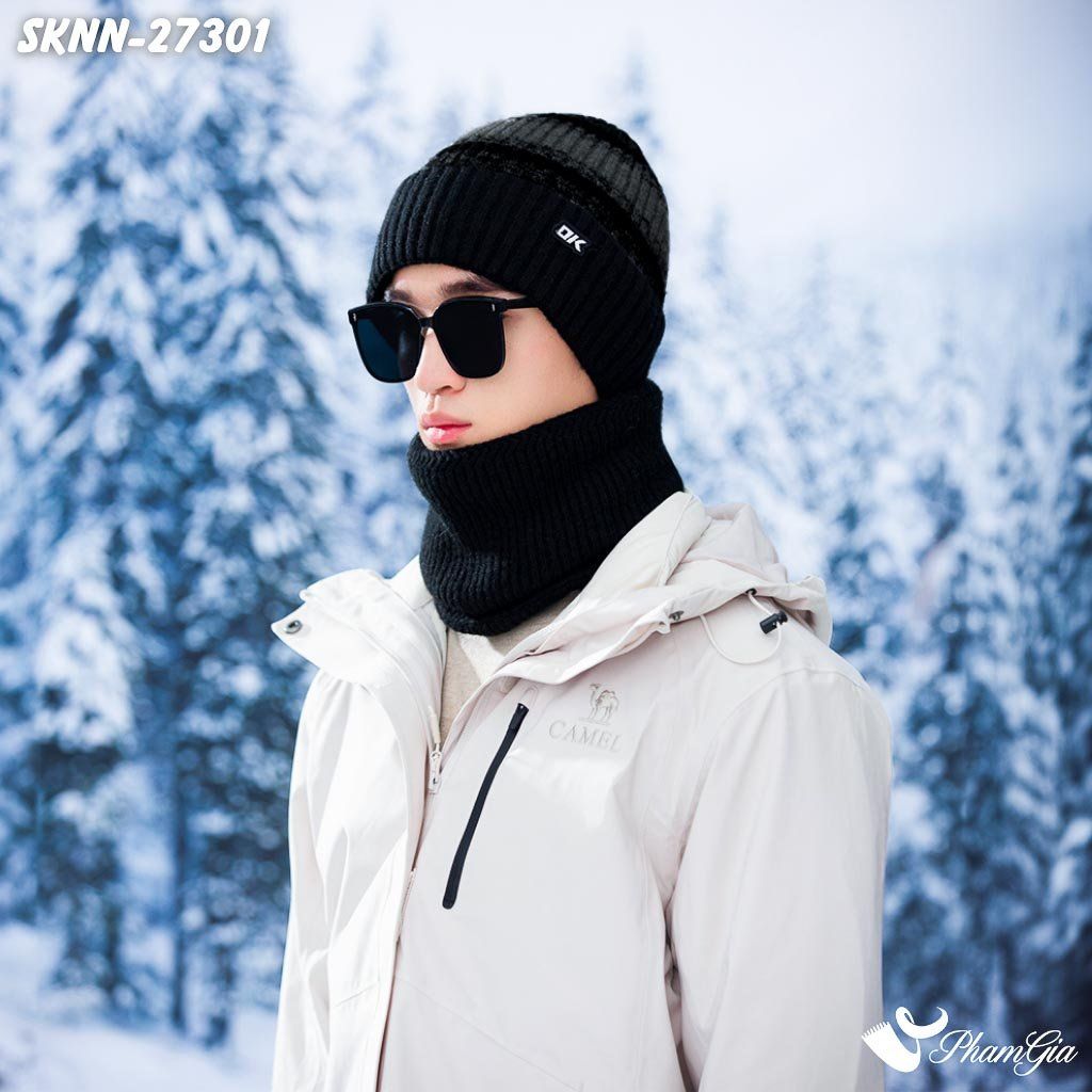 Set Khăn Nón Len Beanie Giữ Ấm Phối Màu Unisex Hiện Đại Màu Đen (SKNN27301)
