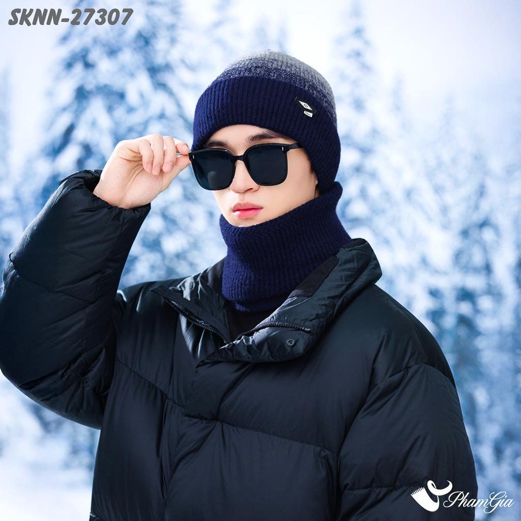 Set Khăn Nón Len Beanie Giữ Ấm Unisex Hiện Đại Màu Xanh Navy (SKNN27307)