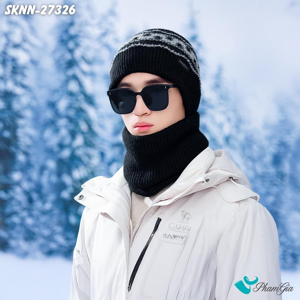 Set Khăn Nón Len Beanie Giữ Ấm Unisex Họa Tiết Mùa Đông Màu Đen (SKNN27326)