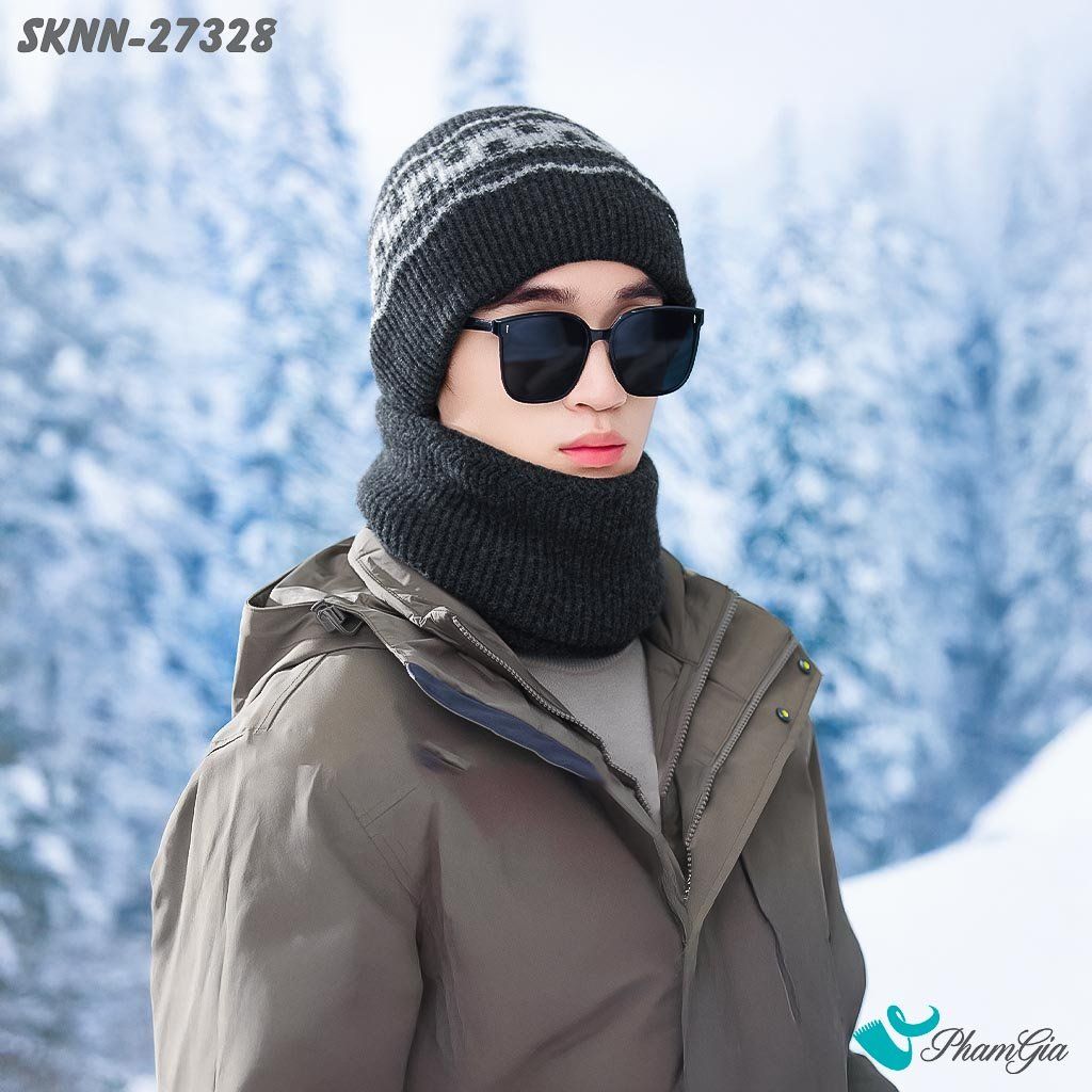 Set Khăn Nón Len Beanie Giữ Ấm Unisex Họa Tiết Mùa Đông Màu Xám (SKNN27328)