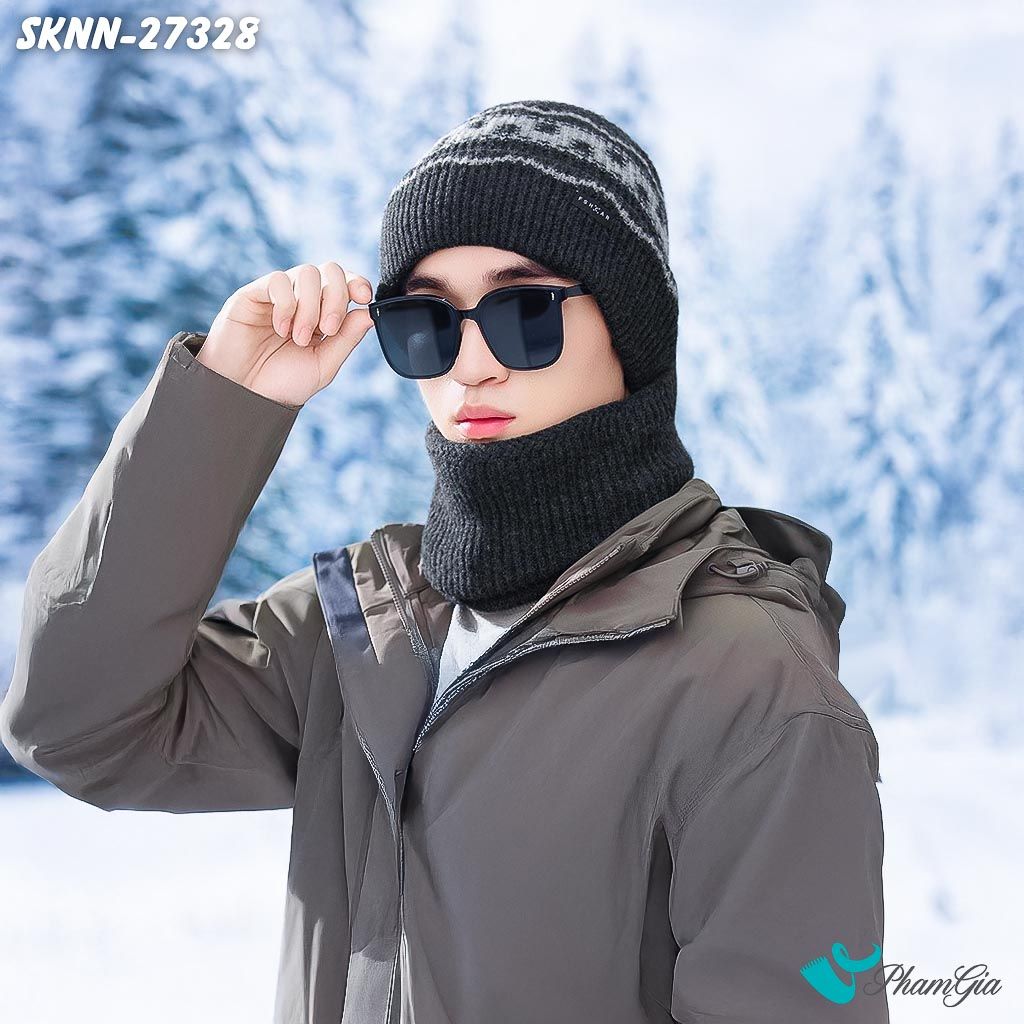 Set Khăn Nón Len Beanie Giữ Ấm Unisex Họa Tiết Mùa Đông Màu Xám (SKNN27328)