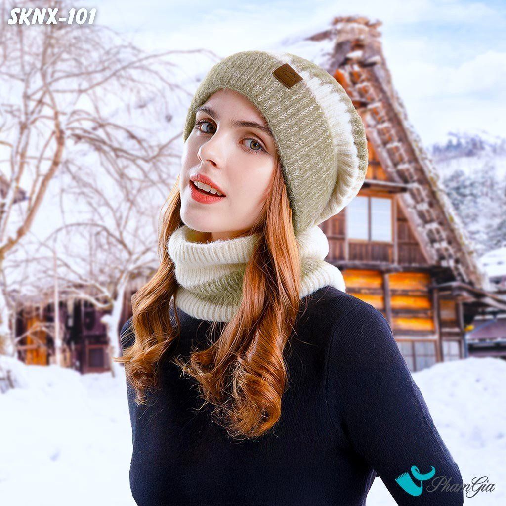 Set Khăn Nón Len Giữ Ấm 2 Lớp Phong Cách Hiện Đại Màu Beige (SKNX101)