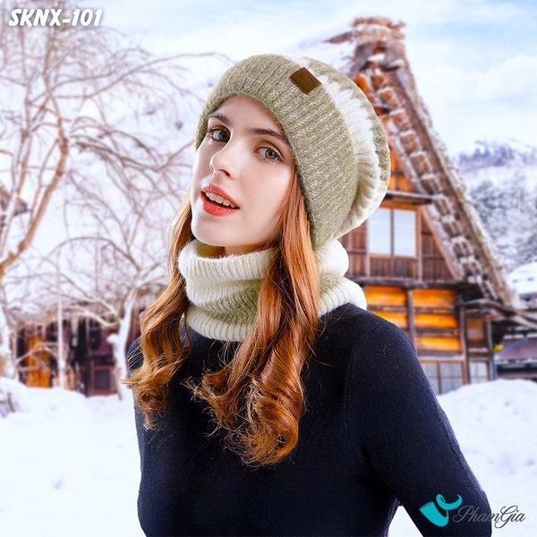 Set Khăn Nón Len Giữ Ấm 2 Lớp Phong Cách Hiện Đại Màu Beige (SKNX101)