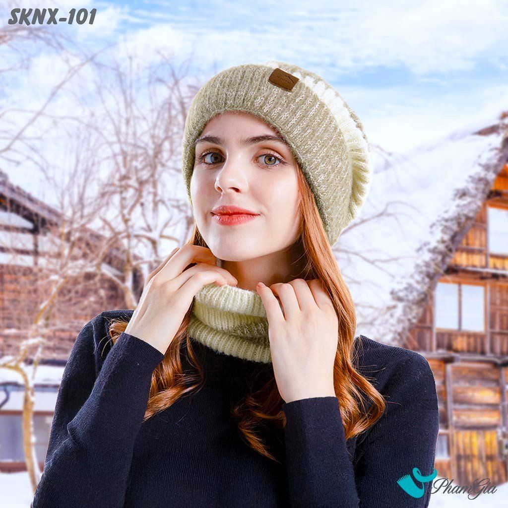 Set Khăn Nón Len Giữ Ấm 2 Lớp Phong Cách Hiện Đại Màu Beige (SKNX101)