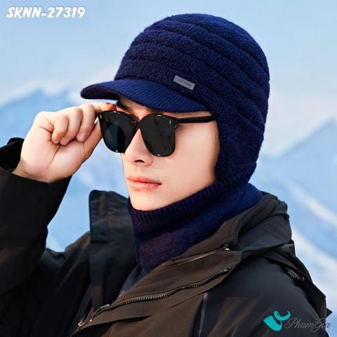 Set Khăn Nón Len Xù Giữ Ấm Unisex Có Tai Chụp Màu Xanh Navy (SKNN27319)