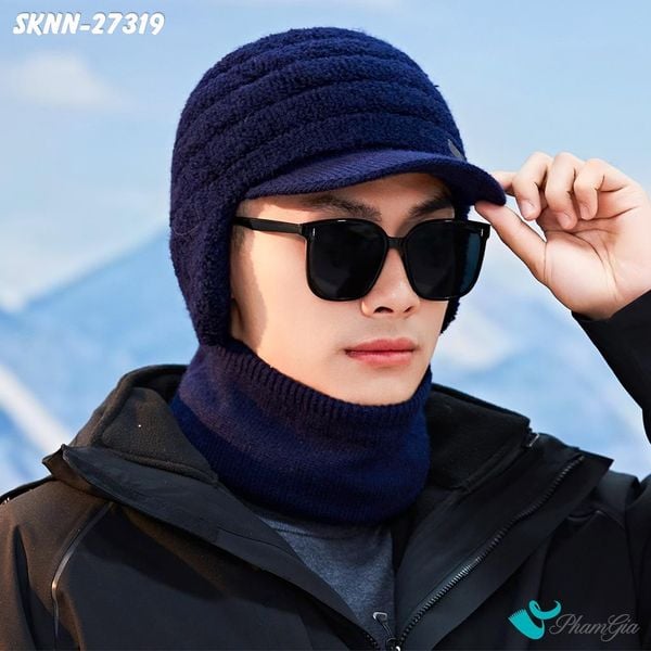 Set Khăn Nón Len Xù Giữ Ấm Unisex Có Tai Chụp Màu Xanh Navy (SKNN27319)